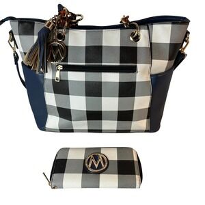Mia K Collection‎ Buffalo Plaid Tote Bag Navy Crossbody Purse Wallet Set